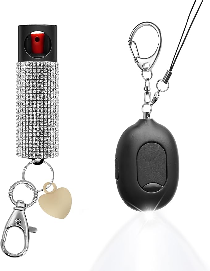 3-in-1 Personal Safety Alarm & Door Handle Alarm & Pepper Spray Combo for Women, Max Strength Pepper Gel & Jeweled Monochromatic Design, 130dB Siren & Door Stop Alarm & Led Flashlight, Rechargeable by PAPASAFETY