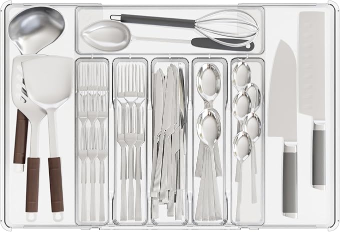 Clear Expandable Silverware Drawer Organizer - Adjust From 11'' to 22'' - Knife,Cutlery,Spoons and Forks Organizer,Large 8 Grid Flatware,Silverware Tray,Utensil Organizer for Kitchen Drawers by Yieach