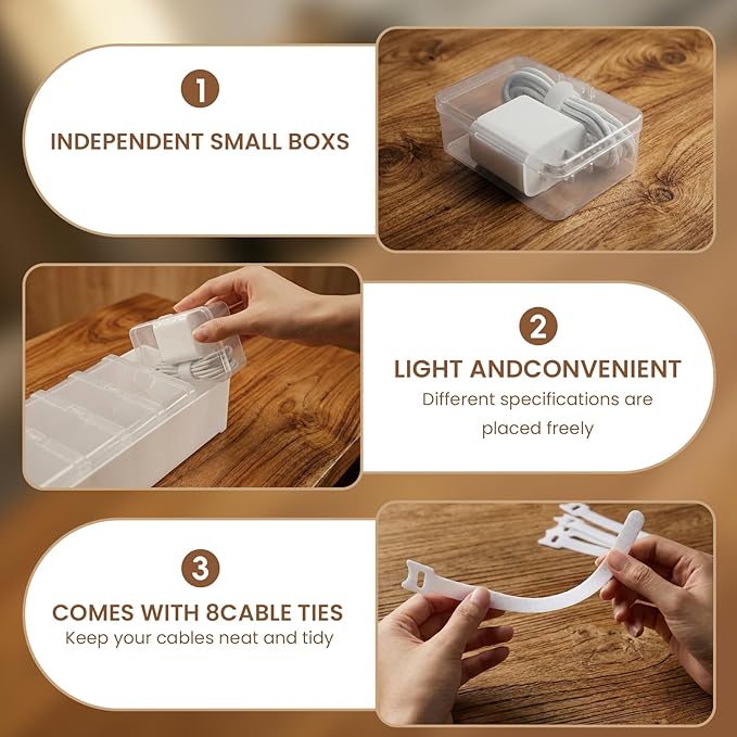 5 Individual Cable Organizer Boxes With Base, Cord Storage Organizer With Labels And Cable Straps For Charging Cables, Adapters, Earphones (5 pcs Individual Cable, 1 Pack) - Image 3