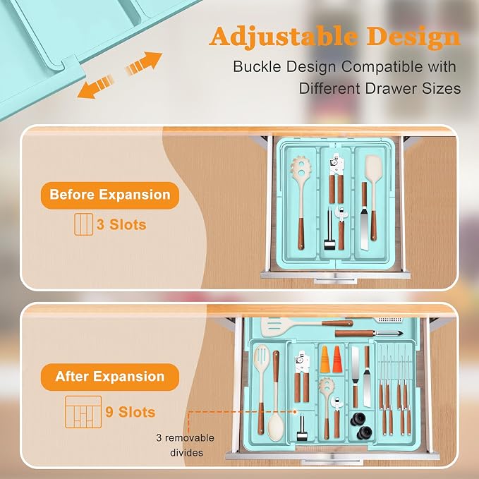 Homecor Utensil Drawer Organizer for Kitchen, Expandable Silverware Organizer Cooking Utensils Tray, Large Cutlery and Flatware Holder, Kitchen Tools & Gadgets Storage (Turquoise) - Image 2