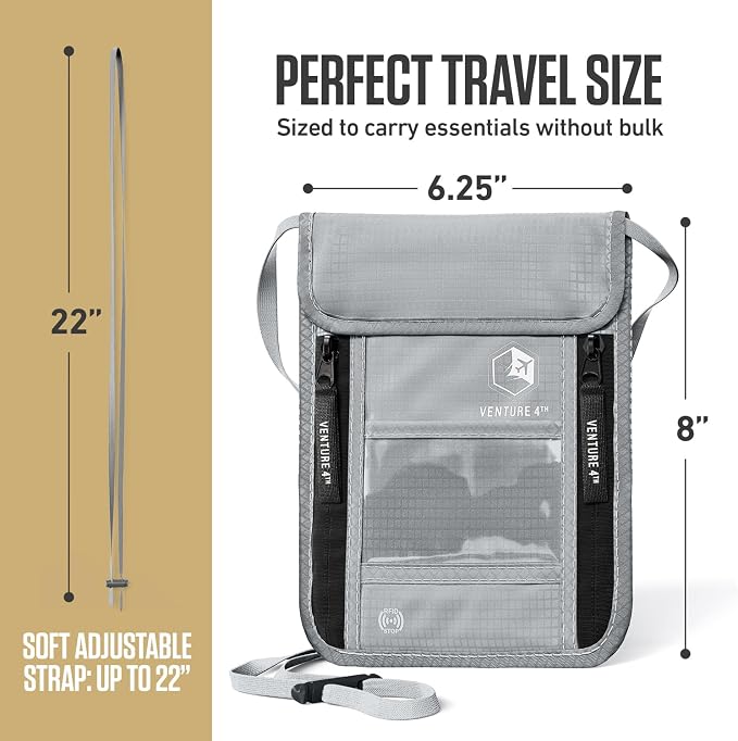 VENTURE 4TH Travel Neck Wallet, RFID Blocking Passport Holder - Silver - Image 3