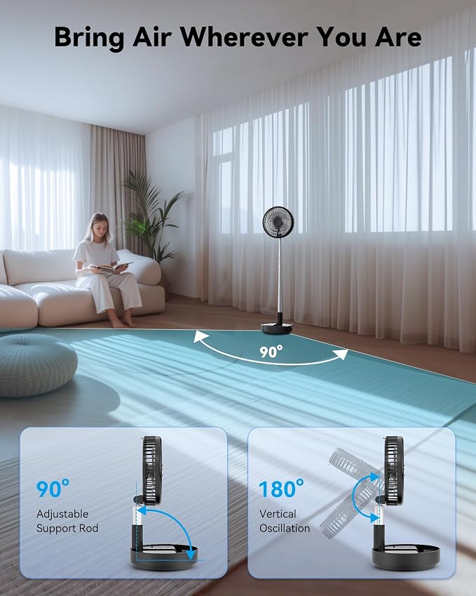 Portable Oscillating Travel Fan, 10400mAh Rechargeable Battery with Remote | Foldable, Floor Table Desk Fan ,8H Timer, 4 Speed Settings Pedestal Fan for Home Bedroom Sleeping Camping Cruise, Black 8" - Image 5