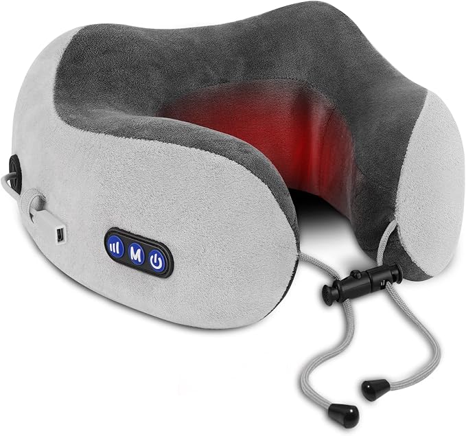 Travel Neck Pillow/Electric Neck Massager with Heating, Memory Foam Pillow for Neck Pain Relief, Neck Support Pillow for Airplane, Car, Office, Gift (Grey) by XSWQDLQ