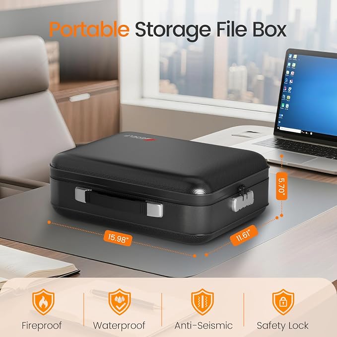 Fireproof Document Box with Lock, 5200°F Fireproof Water Resistant Hard Case File Organizer Safe Box for Important Documents, Certificates, Laptop, Passports (Black) - Image 2