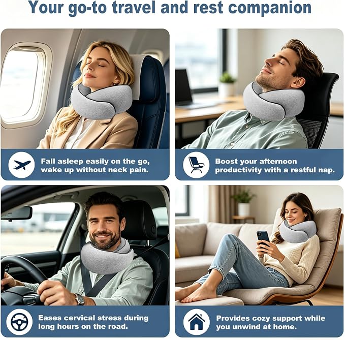 G-Shape Memory Foam Travel Pillow Super Comfort Neck Pillow Airplane 360°Support | Complete Sleep Kit: Eye Mask, Ear Plugs & Carry Bag | Lightweight Airplane Pillow for Home, Car & Travel(Gray) - Image 8