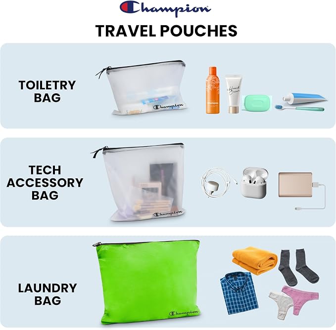 Champion Packing Cubes for Travel - 6 Piece Organizer Set, Carry-On Ready | Breathable mesh, sturdy handles; 3 cubes, 1 laundry bag, 2 zip pouches; zipper closure; fits carry-on and full-size suitcases - Image 6