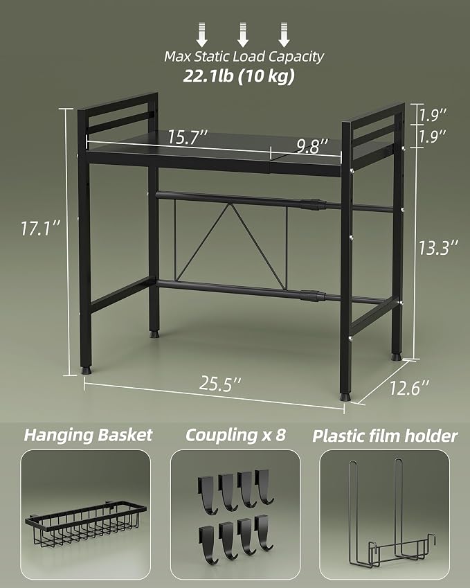 2 Tier Expandable Microwave Stand countertop,Microwave Oven Rack | microwave shelf, storage shelf for pans &appliances,with Paper Towel Holder and Baskets，8 Hooks,55lbs max load,Black - Image 3