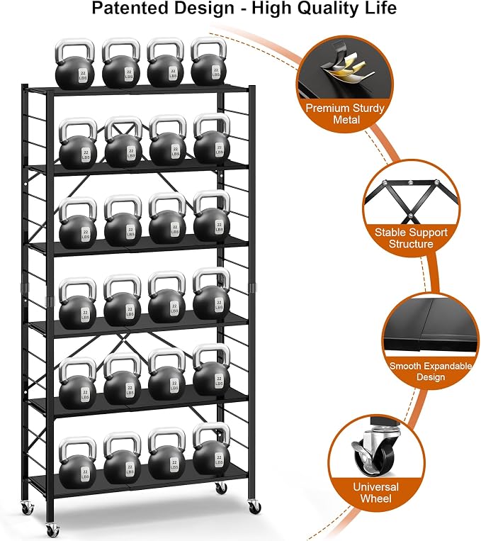 Himix 6-Tier Foldable Storage Shelves with Wheels Adjustable Kitchen Black | Folding shelving units, Metal collapsible organization, Metal shelf, Changeable into 2 shelf units, Garage - Image 6
