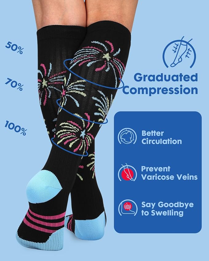 Compression Socks for Women 15-20 mmHg, 2 Pairs | Graduated Support, Knee High Fit, Polyester Stretch, Circulation Comfort, Nurses, Travel, Athletes, Flight, Daily, Patterned - Image 4