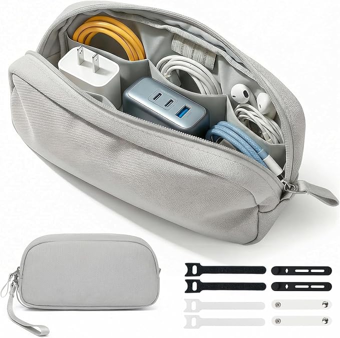 Electronics Organizer Bag for Chargers & 3ft+ Cords, Gray | Water-resistant Oxford fabric with padded lining and 8 compartments for tangle-free storage. Includes 8 cable ties. by Woyinger