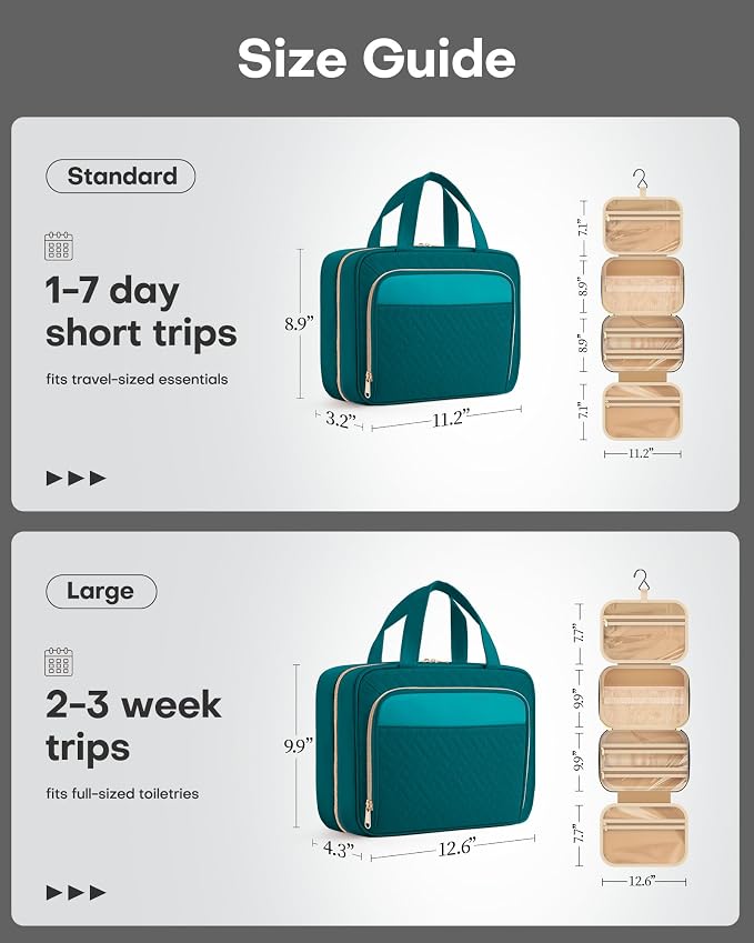 HOTOR Hanging Travel Toiletry Bag Women Men, Teal, Medium | Waterproof Makeup Bag Hanging Hook,Multiple Pockets,Travel Essentials,11.2 x 3.2 x 8.9inches - Image 2