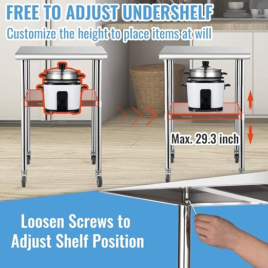 VEVOR Stainless Steel Prep Table, 24 x 24 x 33.5 Inch, 600lbs Load Capacity Heavy Duty Metal Worktable with Adjustable Undershelf & Universal Wheels, Commercial Workstation for Kitchen Garage Backyard - Image 7