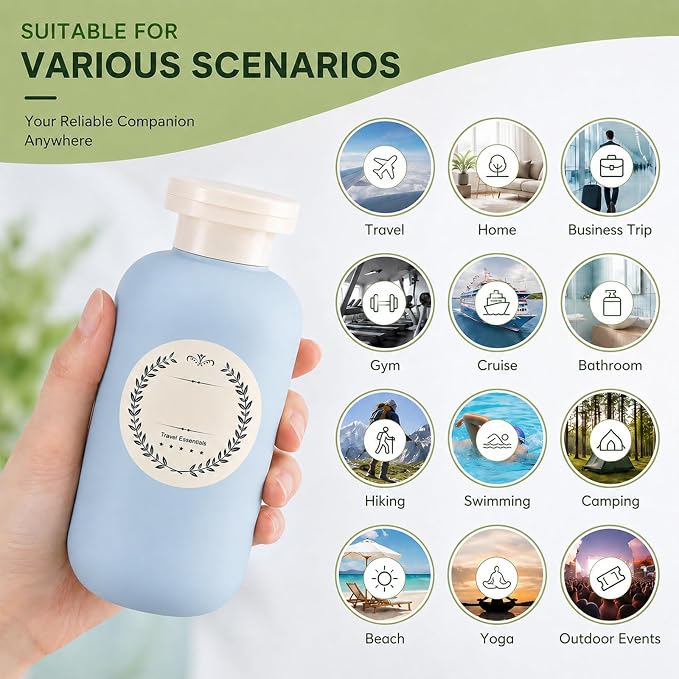 METAPACK 4Pack 6.8oz Travel Shampoo Bottles with Labels, Refillable Travel Bottles, Flip Top Squeeze Bottles, Portable Plastic Toiletry Containers for Lotion, Conditioner & Body Wash(grey, blue) - Image 6