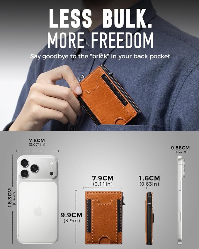iwantit Slim Wallet for Men Card Holder: Minimalist RFID Blocking Wallet for 8-10 Cards - Smart Pop Up Card Case with Detachable Money Clip - Premium Leather Cardholder, Gift Boxed (Chestnut) - Image 2