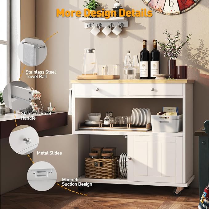 knoworld Rolling Kitchen Island with Storage Cabinet, 35.4'' Width Kitchen Cart, 2 Drawers Island Table, Portable Mobile Kitchen Island with Towel Rack, Wood Top and Lockable Wheels, White - Image 8