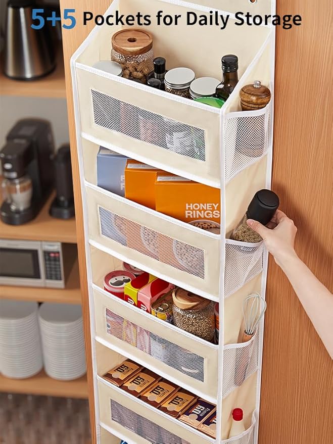 JARLINK Over the Door Organizer for Bedroom, Pantry Bathroom, 5 Shelf Beige | Anti-Tilt Design, 44 lb Load Capacity, Hanging Door Organizer with 5 Large Capacity Pockets, Behind Door Storage for Nursery - Image 4