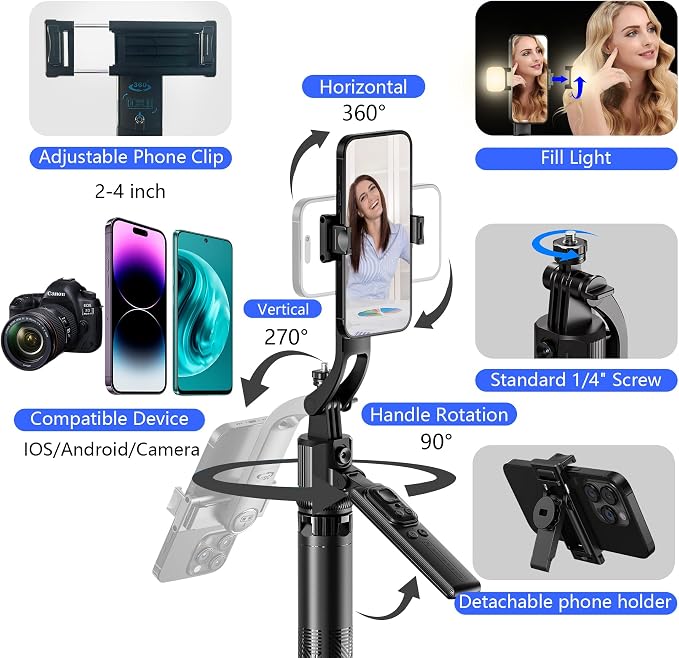 Auto Face Tracking Tripod for iPhone with Light, No APP Needed 63" Tripod | iPhone Stand for Video Recording, Selfie Stick Tripod Follows Your Movement with Remote for Content Creator Vlog Live - Image 5