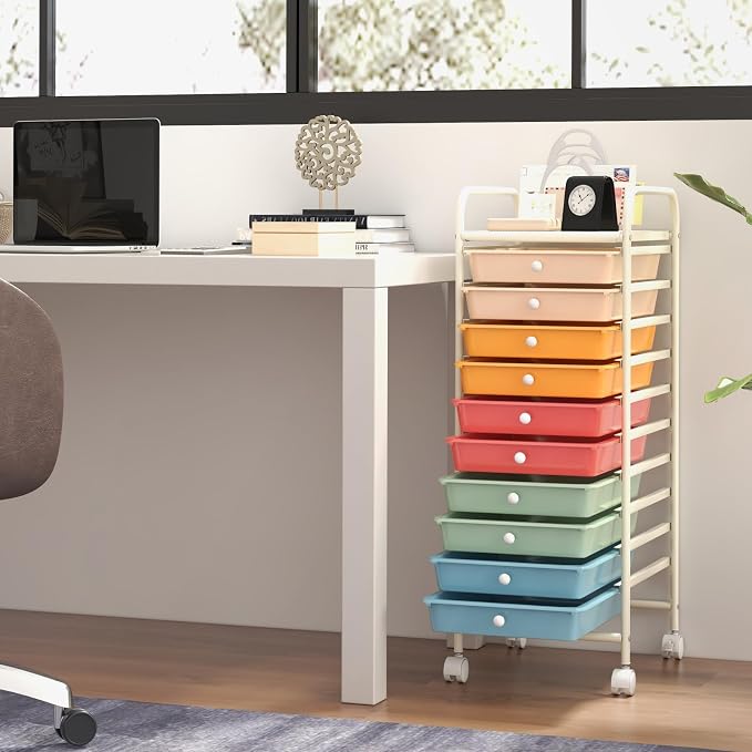 HOMGX Storage Cart with 10 Drawers, 10 Tiers Rolling Drawer Cart with 2 Lockable Wheels, Slim Rolling Storage Cart for Office/School/Home, Macaron - Image 2