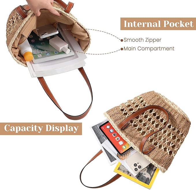 Tavaleu Straw Beach Bags for Women Tote Handbag Shoulder Hobo Bucket Bag | Lightweight, Foldable, PU Straps, Magnetic Closure, Zip Pocket, Reinforced Bottom, Summer Purse, Travel, Vacation, Daily Use - Image 6
