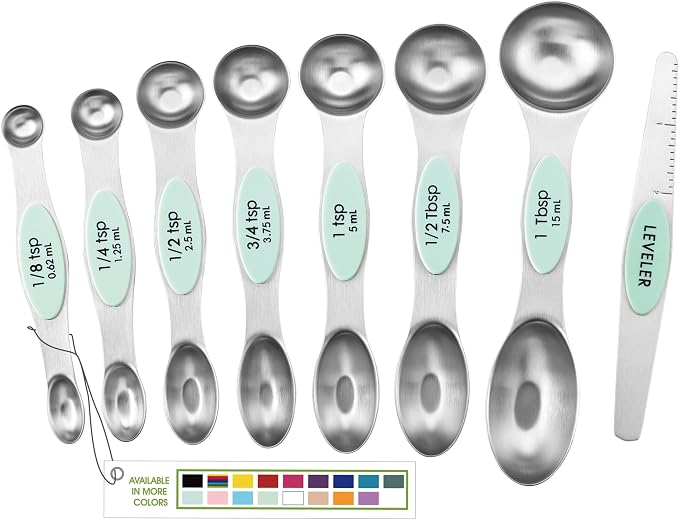 Spring Chef Stainless Steel 8 Magnetic Measuring Spoons for Kitchen, Mint | Dual Sided Metal Teaspoon & Tablespoon Measuring Spoons with Leveler for Dry & Liquid Ingredients, Nesting, Dishwasher Safe by SpringChef