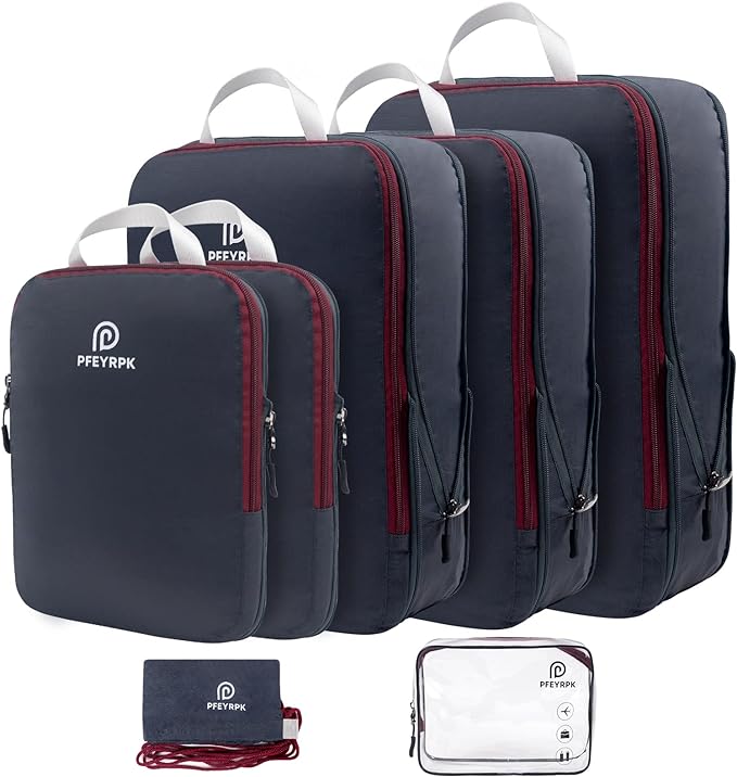 PFEYRPK Lightweight Compression Packing Cubes for Suitcases, Compressible Expandable Travel Packing Organizer with Clear Toiletries and Backpack Bag, Travel Essentials for Carry on Luggage 7 Set by PFEYRPK
