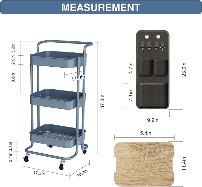 DTK 3-Tier Rolling Cart with Table Top, Metal Utility Cart with Side Bags | Tray Storage Organizer, Lockable Wheels, 4 Hooks, Art Cart for Kitchen, Bathroom, Office, Craft room, Living room, Blue - Image 6