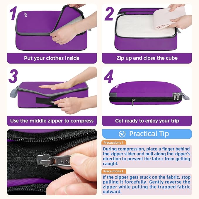 BAGAIL 4 Set/6 Set/8 Set Compression Packing Cubes Travel Accessories Expandable Packing Organizers (Cloth Pattern, 4-Purple) - Image 4
