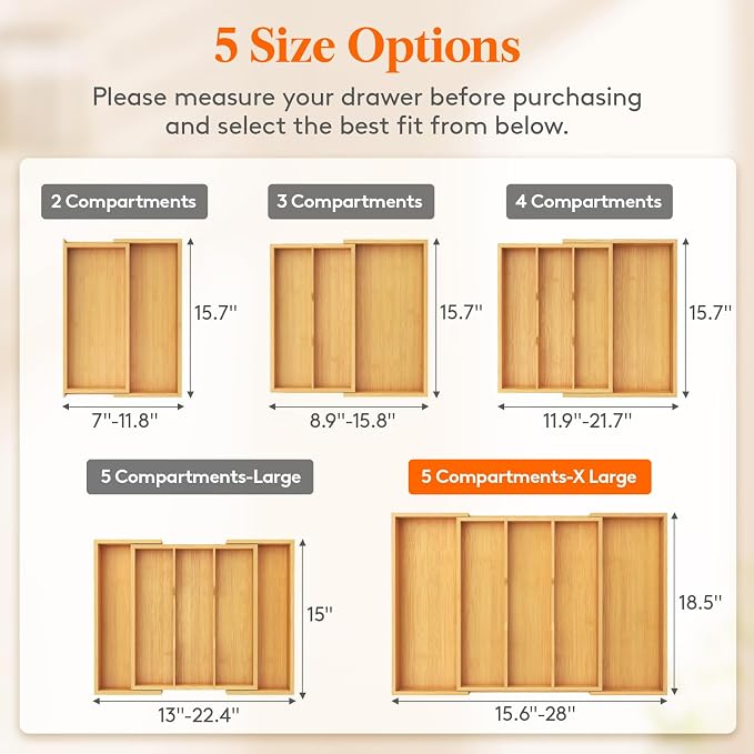 Lifewit Bamboo Utensil Organizer for Kitchen Drawer, Cooking Utensil Tray | Expandable Cutlery Silverware Flatware Holder, Wood Adjustable Spatula Tools Storage Divider, 15.6-28 x 18.5", Natural - Image 2