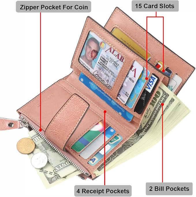 Small Compact Women Wallet RFID Blocking Genuine Leather Bifold Purse with ID Windows - Image 4