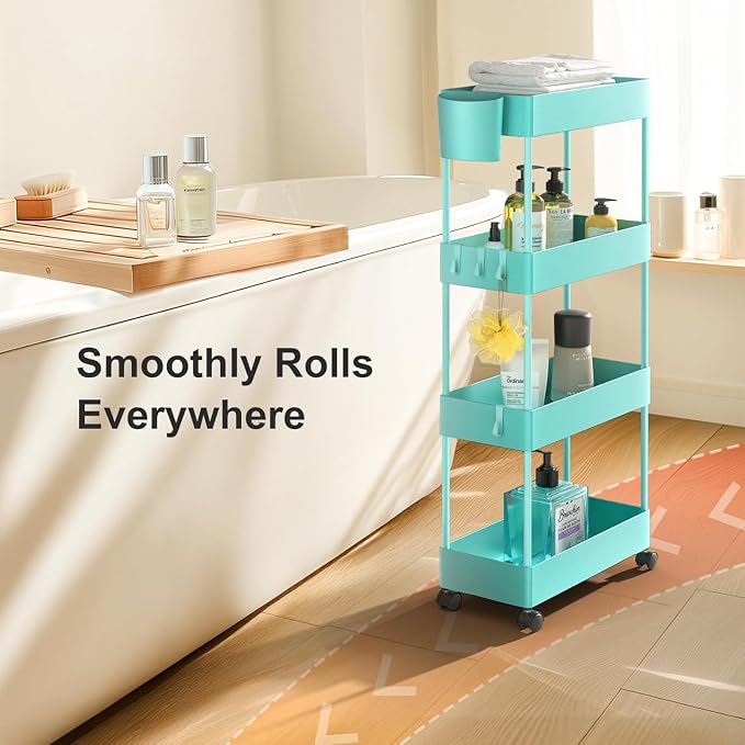 Pipishell 4 Tier Slim Storage Cart with Wheels, Laundry Cart, Turquoise | 7.1 Inches Wide – Fits Narrow Spaces, Storage Cup and 6 Hooks, Ventilation Holes, Durable ABS Material, Detachable Wheels - Image 6