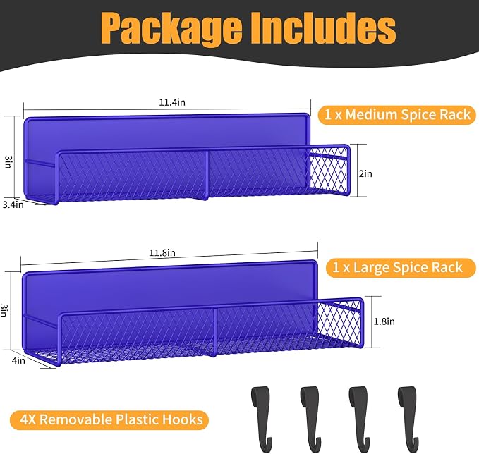 Magnetic Spice Rack for Refrigerator, 2 Pack 100% Metal Strong Magnet Shelf, Space Saving Spice Organizer W/ Hooks, Movable Magnetic Fridge Shelf, Kitchen Home Laundry Storage Organization,Purple Blue - Image 2