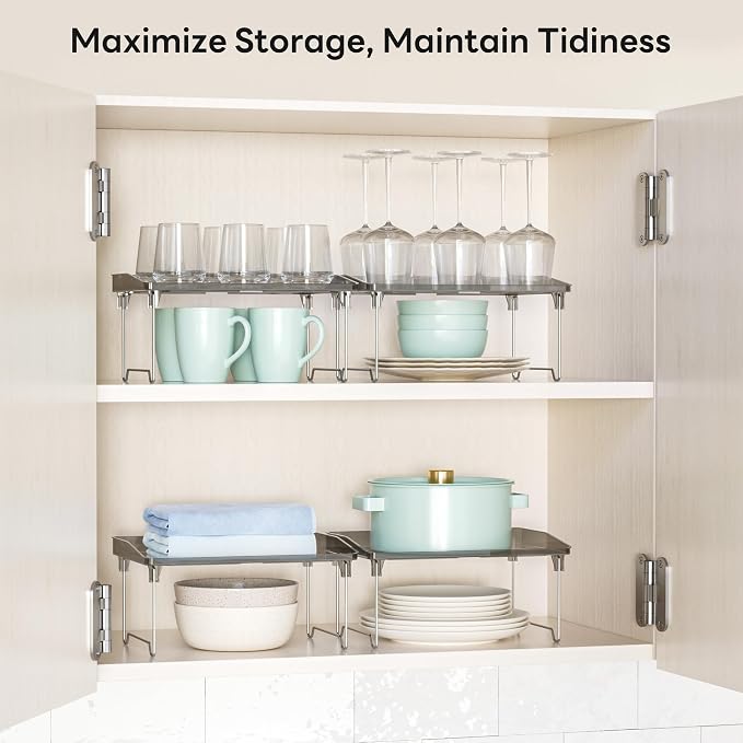 STARLATTA 2 Pcs Cabinet Organizer Shelf，Stackable Kitchen Counter Shelves, Spice Rack,Countertop Organizers，Black Plastic Storage Shelves Rack for Makeup，Bathroom, Cupboard，Desk，Pantry Organization - Image 4