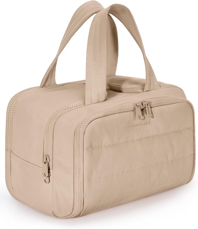 BAGSMART Travel Toiletry Bag, Puffy Toiletry Bag for Women, Wide-open toiletry bags for traveling, Large Travel Cosmetic Makeup Bag Organizer for Accessories,Toiletrie (Khaki) by BAGSMART