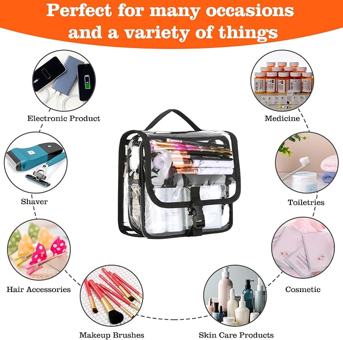 Clear Toiletry Bag with TSA Liquids Travel Bag, Hanging Travel Transparent Makeup Cosmetic Organizer, Waterproof Carry On Airline 3-1-1 Compliant Bag Quart Sized Luggage Pouch (Black-Clear) - Image 7