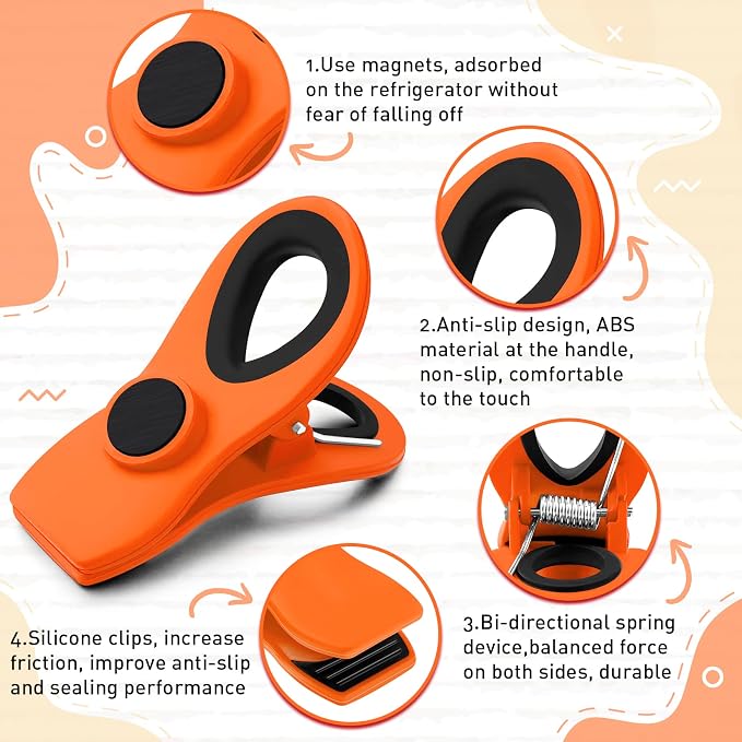 12 Pack Chip Clips, Magnetic Chip Bag Clips for Kitchen, Orange | Food Clips for Bags with Airtight Seal Grip and Firm Grip, Ideal for Kitchen Food and Snack, Fridge, Garden and Office Use - Image 2