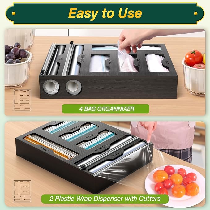 KOCWELL Bag Organizer & Plastic Wrap Dispenser with Cutter, 6 In 1 Bamboo Foil & Plastic Wrap Organizer for Kitchen, Food Storage Bag Organizer - Image 4