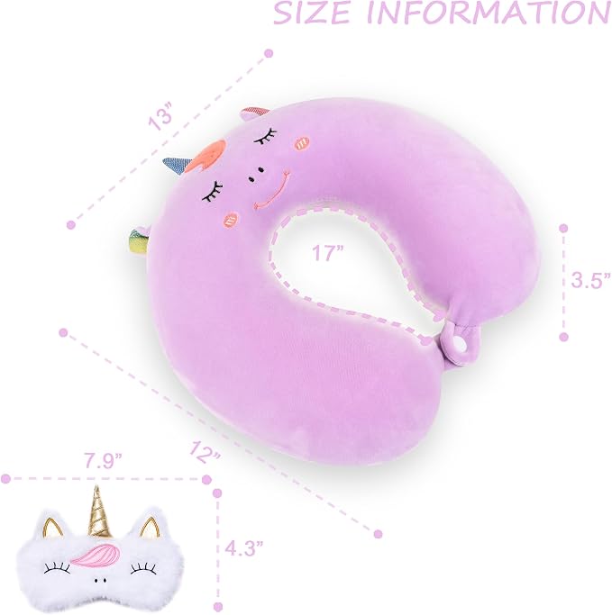 Sexysamba Cartoon Headrest & Neck Pillow for Kids Boys & Girls, Teens, Travel Accessories for Airplane, Car, Recline, Memory Foam Cute Travel Pillow with Sleep Eye Mask - Purple Unicorn - Image 2