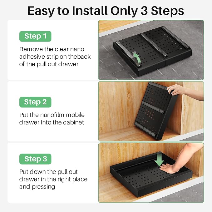 2 Pack Pull out Cabinet Organizer, Expandable(12"-20") Heavy Duty Slide out Drawer Fixed with Adhesive Nano Film for Pots, Roll out Shelf Storage for Kitchen Organization, Pantry, Bathroom(Black) - Image 7