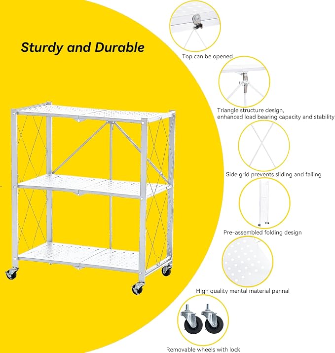 BRIAN & DANY 3-Tier Foldable Storage Shelves with Wheels, No Assembly Folding Shelf Metal Rack, Shelving Unit for Kitchen, Garage, White - Image 4