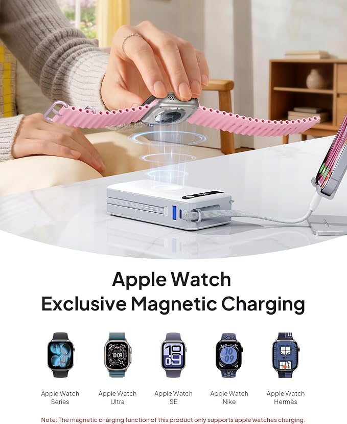 10000mAh 22.5W Power Bank Portable Charger with Built-in Cables & Wall Plug | 5 in 1 Compact USB C Fast Charging Travel Essentials Battery Pack for iPhone 17/16/15/14/12/11 Apple Watch Ultra/11/10/9/8/SE - Image 6
