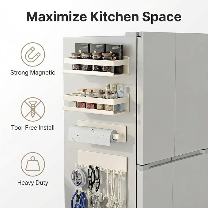 Metal 4 Pack Magnetic Shelf Include Magnetic Spice Rack for Refrigerator,Magnetic Paper Towel Holder,Magnetic Hooks for refrigerator Space-saving design,Small Space Organization (white) - Image 2