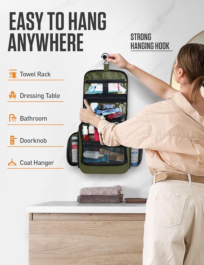 VENTURE 4TH Hanging Travel Toiletry Bag, 18 Compartments - Forest Green | Hangs on rails, hooks or doors; stands upright. Removable TSA pouch. Water-resistant Nylon 290D Twill, reinforced stitching. - Image 4