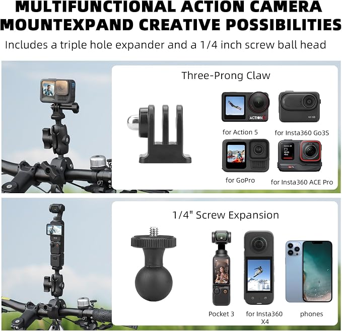 BRDRC Motorcycle Mount for Insta360 X5 X6 X4, Bike Handlebar Clamp Mounts 59" Invisible Selfie Stick Bundle Kit for Insta 360 X5 X6 X4 Air X3 X2 X ONE, for DJI OSMO 360, for GoPro Camera Accessories - Image 2