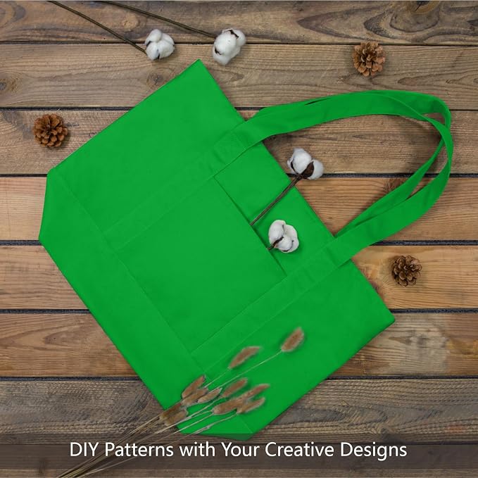TOPDesign 3-Pack Canvas Tote Bags with an External Pocket, Reusable Grocery Shopping Bags, Top Zipper Closure, Daily Essentials (Lime Green) - Image 4
