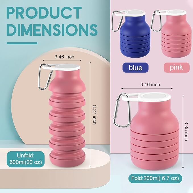 LemonRoad 2 Pcs 20 oz Portable Collapsible Water Bottles Reusable Silicone Foldable Water Bottle Lightweight Leakproof Expandable for Gym Traveling Camping Hiking Sports (Pink,Navy Blue) - Image 2