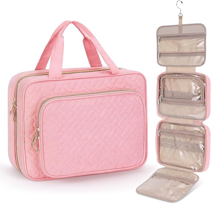 Toiletry Bag for Women, Large Cosmetic Travel Bag, Hanging Toiletry Bag for Bathroom, Thickened PVC Waterproof Travel Makeup Bag, Toiletries Bag for Travel Business Trips and Camping, Pink by Wedama