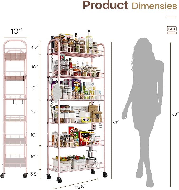 6 Tier Slim Rolling Storage Cart with Wheels, Metal Mobile Shelving Unit Organizer Utility Cart for Office Bathroom Kitchen Laundry Room Narrow Places (Pink 10 Inches) - Image 7