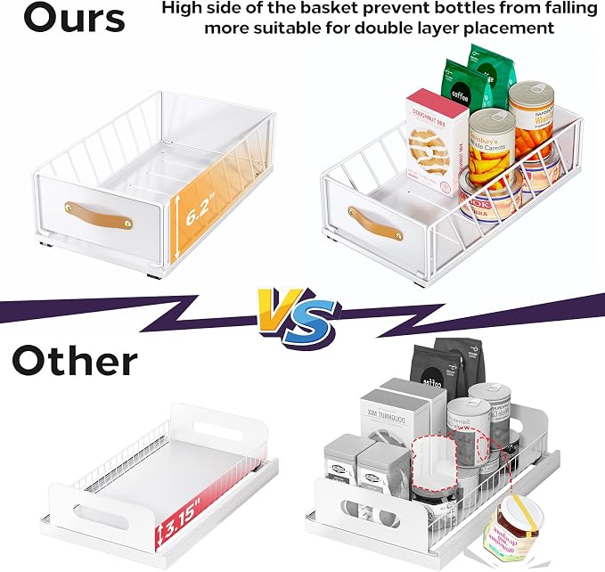 Pull out Cabinet Organizer,Heavy Duty Slide out Pantry Shelves Drawer Storage with Adhesive Nano Film,Sliding Mesh Cabinet Basket with Handle for Kitchen, Bathroom, Home, 9.8"W X 15.7"D X 6.2"H,White - Image 4