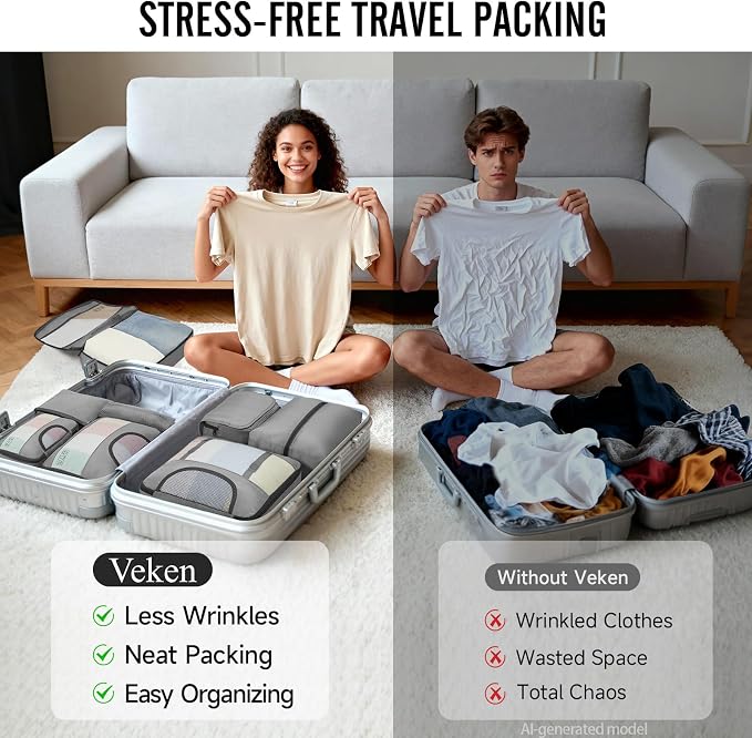 Veken 8 Set Packing Cubes for Travel Essentials,Anti-Wrinkle Buckled Suitcase Organizer for Shoe & Toiletry Bag,Carry On Luggage Bag with 99+ Count Mesh Holes for Airplane & College Dorm Accessories - Image 7