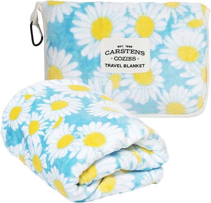 Carstens, Inc. Travel Blanket, Premium Compact 2-in-1 Airplane Blanket/Pillow, Blue Daisy Floral by Carstens